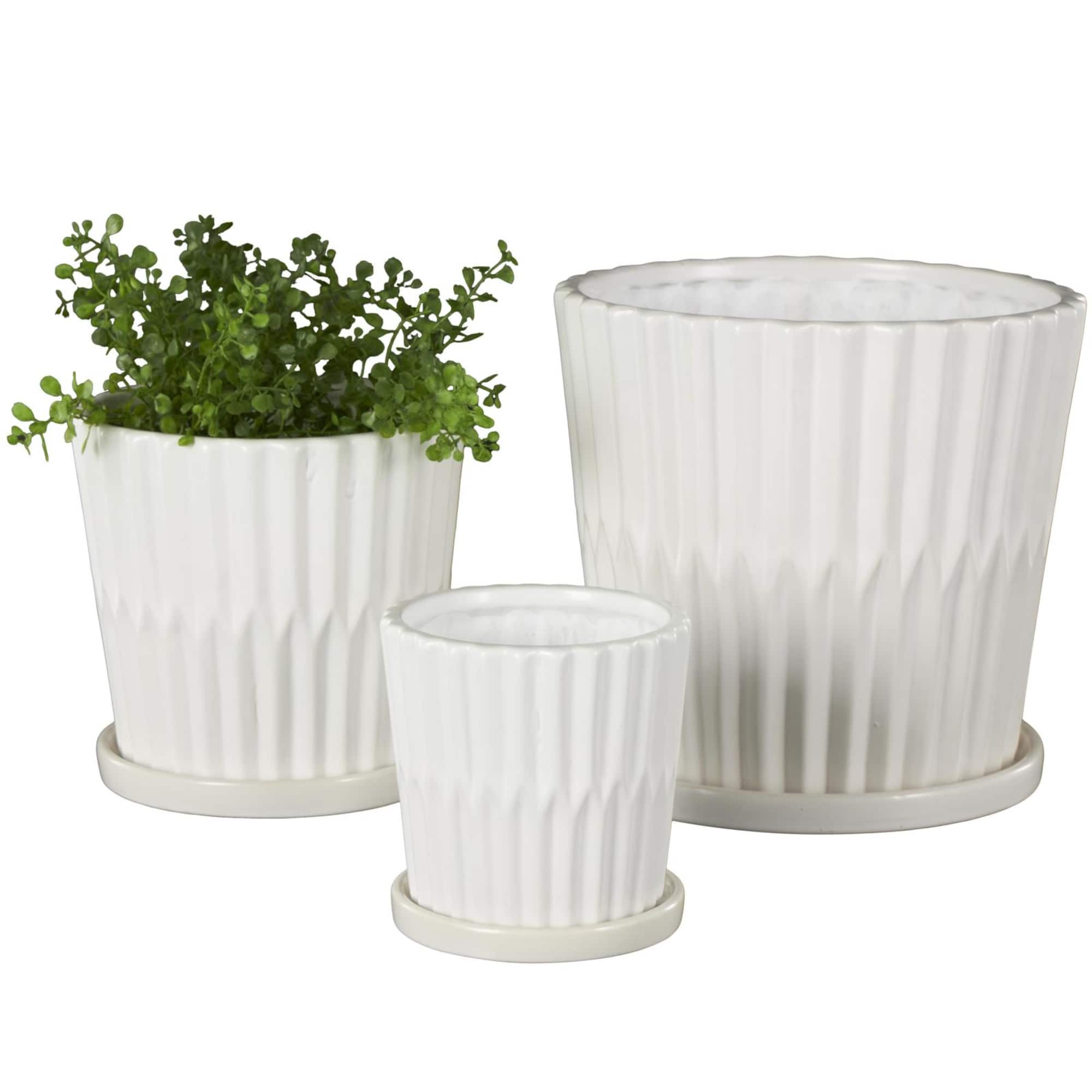 White Double Ribbed Textured Ceramic Planter Set